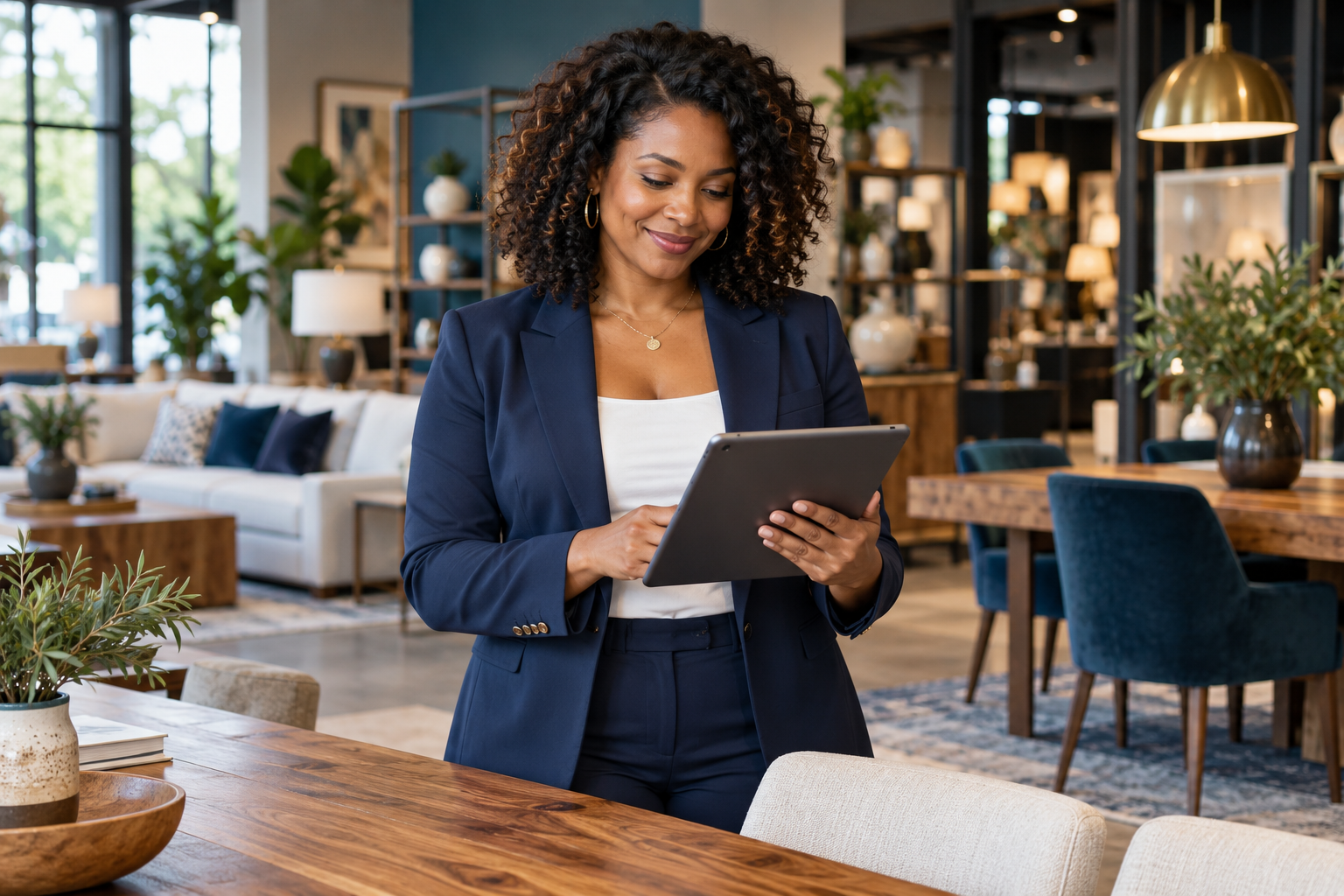 Business owner reviewing a tablet in her furnishings showroom
